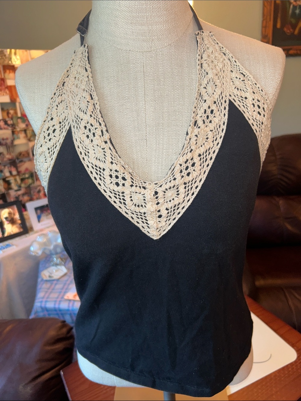 Moda International Crochet Detail Halter Tank Top - Black with Cream Trim Size L